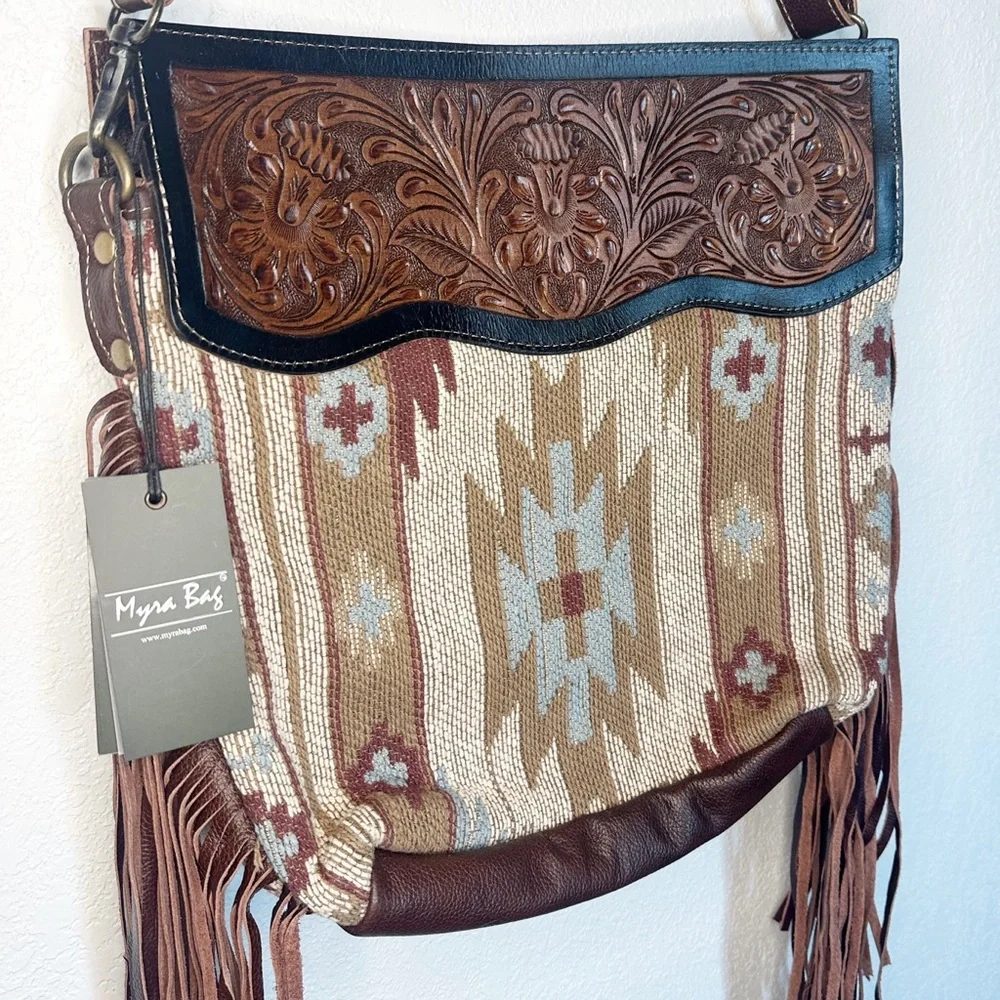 Tooled Leather Western Fringe Aztec Patterned Purse - Picture 5 of 6